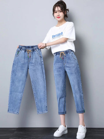 Women’s Elastic Waist Dad Jeans – High-Waist Light Blue Harem Denim Pants