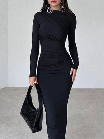 Women’s Elegant Black Bodycon Maxi Dress – Long-Sleeve Evening Party Gown