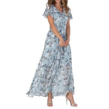 Women’s Elegant Floral Ruffle Dress – V-Neck Short-Sleeve High-Waist Summer Dress