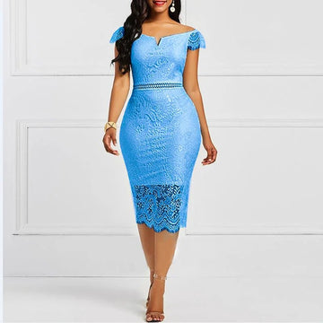 Women’s Elegant Lace Bodycon Dress – Mid-Calf Hollow Out Evening Party Dress