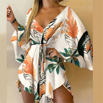 Women’s Floral V-Neck Mini Dress – Lace-Up Batwing Sleeve Beach Cover-Up