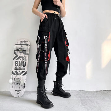 Women’s High Waist Cargo Harem Pants with Chain – Punk Streetwear Joggers