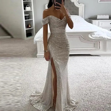 Women’s Luxury Sequin Fishtail Gown – Off-Shoulder Sparkling Split Prom & Party Dress