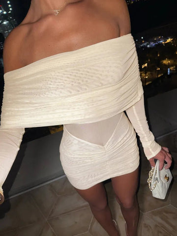 Women’s Mesh Off-Shoulder Mini Dress – Strapless Backless Ruched Bodycon Party Outfit