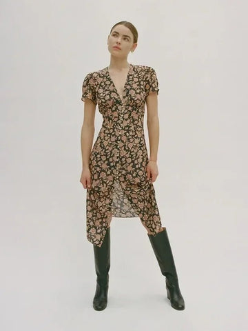 Women’s Retro French Floral Silk Wrap Dress – Deep V-Neck Tea Break Dress