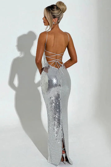 Women’s Sequin Backless Bandage Long Dress – Luxury Sleeveless Evening Gown
