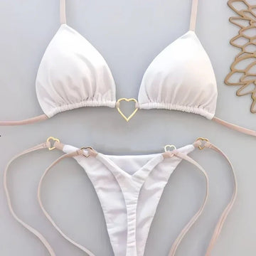 Women’s Solid White Bikini – Lace-Up Low Waist Swimsuit