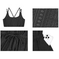 Four detail views of a black sleeveless dress showing crossed straps, eyelet texture, drawstring waist and pocket