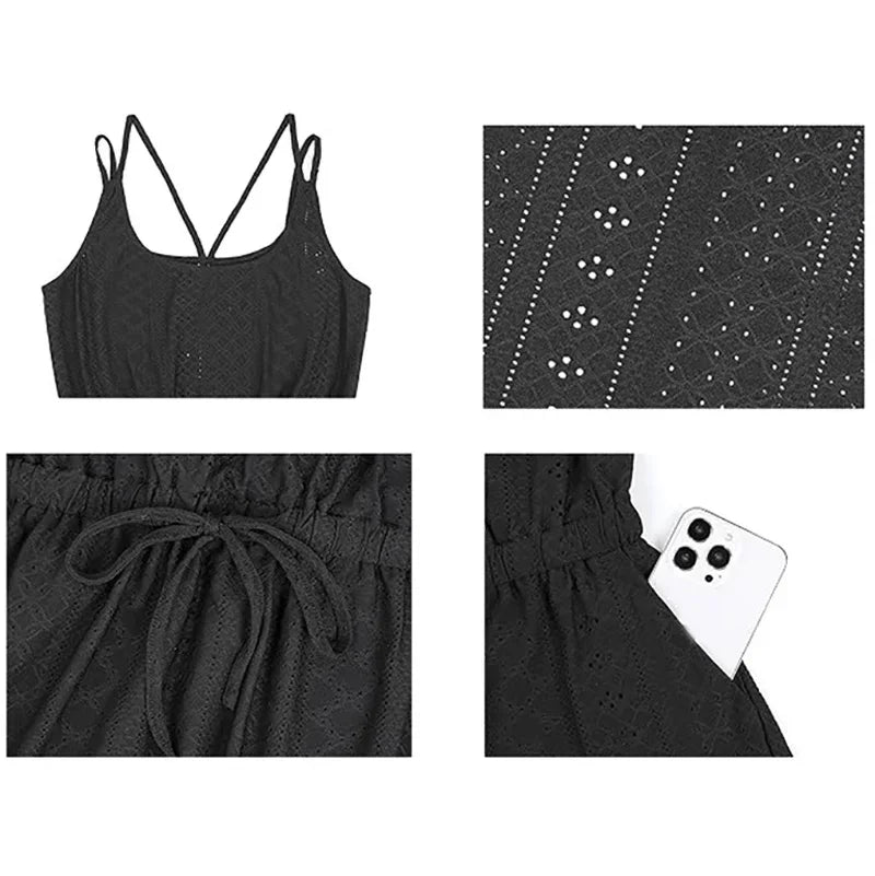 Four detail views of a black sleeveless dress showing crossed straps, eyelet texture, drawstring waist and pocket
