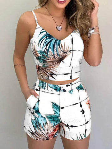 Women’s Summer Two-Piece Set – Sleeveless Floral Vest Top & Shorts
