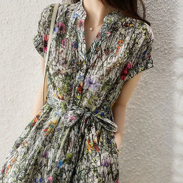 Women’s Vintage Printed A-Line Midi Dress – Elegant V-Neck Summer Outfit